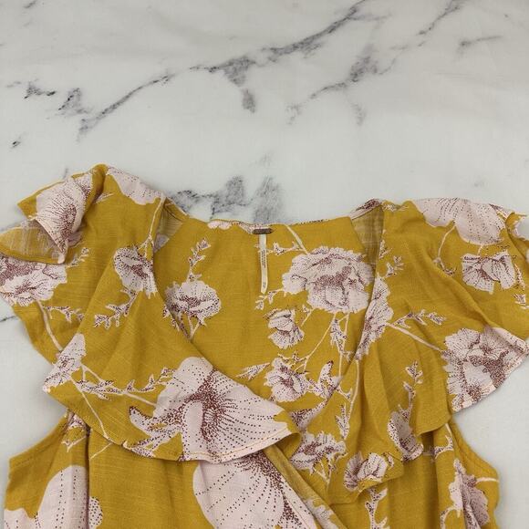 Free People French Quarter Wrap Mini Dress Size XS Yellow Floral Ruffle Flutter - Picture 2 of 10